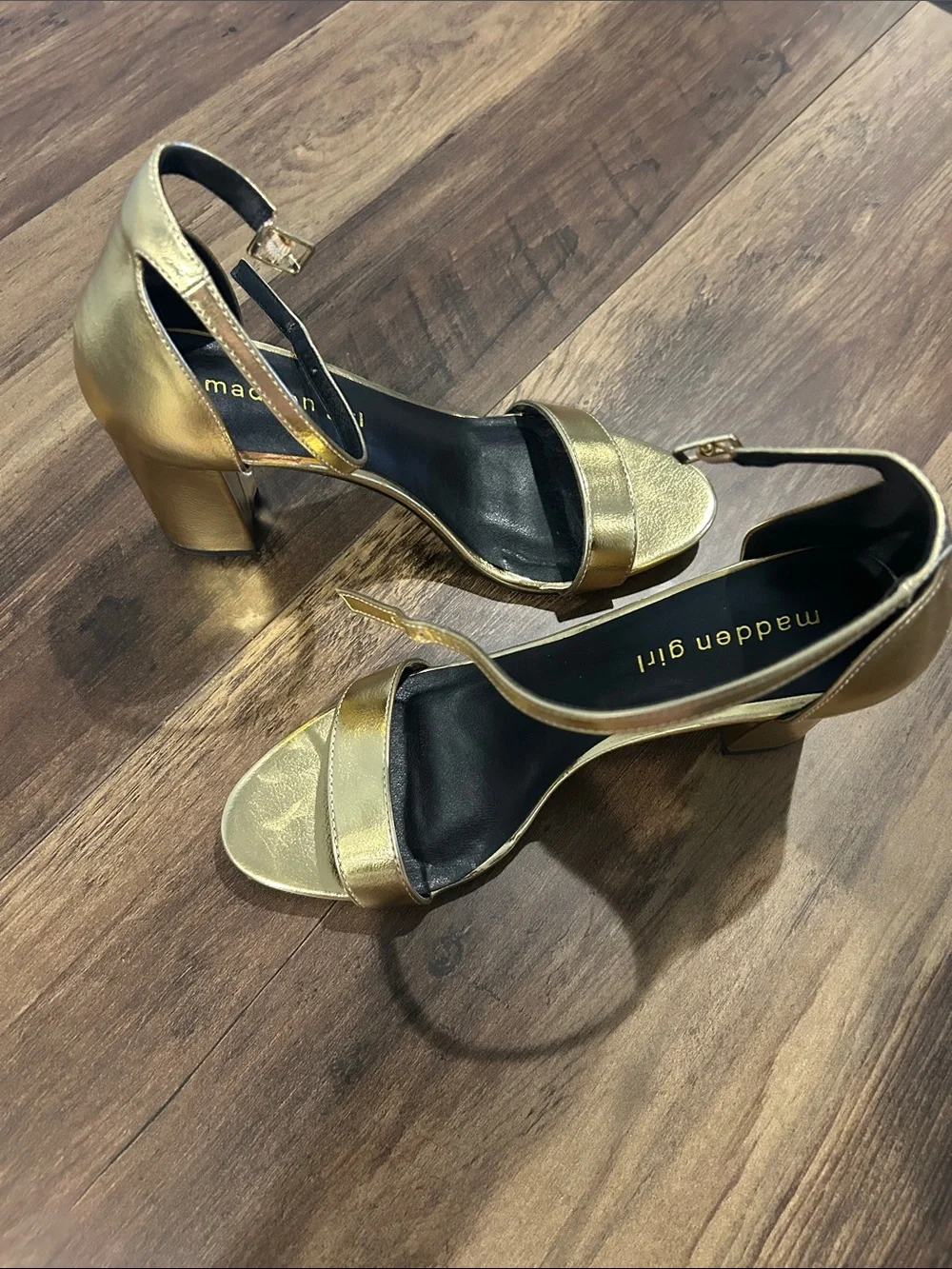 Madden Girl Metallic Gold Ankle-Strap Block Heel Sandals